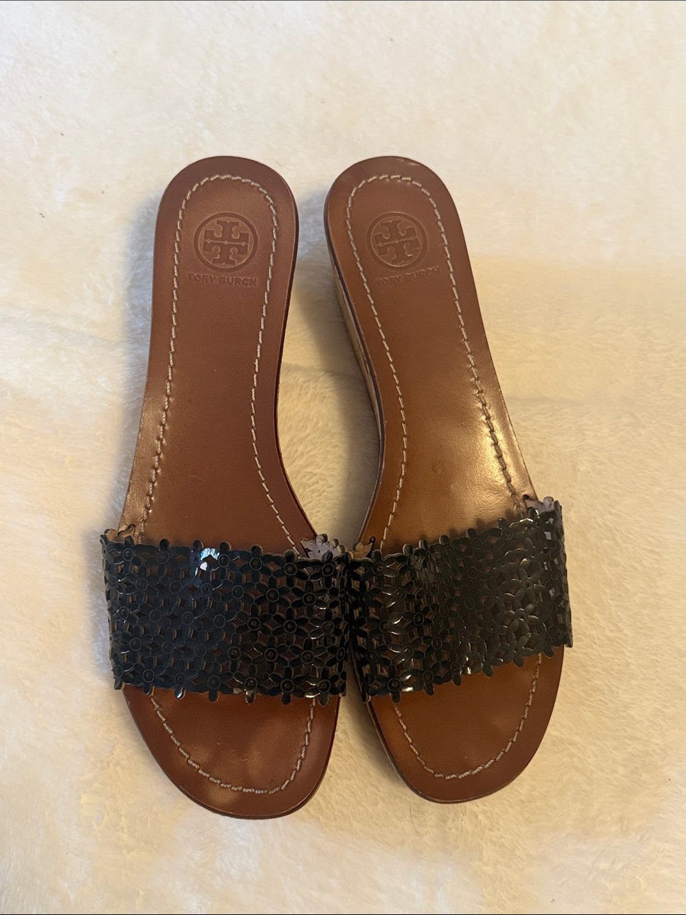 Tory Burch Cork and Brown Leather Slides with Black Patent Band